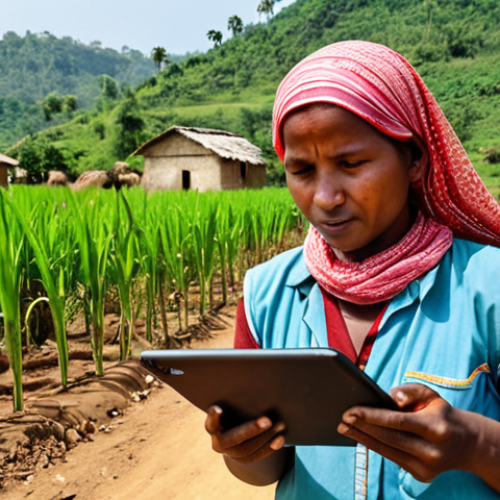 Home 23 **
Data-driven social impact: A field worker from an NGO collecting data with a tablet in a rural village. The scene should show a positive interaction with villagers, with charts and graphs subtly overlaid to represent data analysis. Focus on the use of technology for data collection and decision-making.
**
