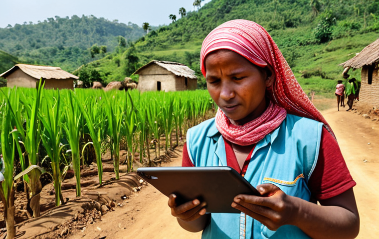 **
Data-driven social impact: A field worker from an NGO collecting data with a tablet in a rural village. The scene should show a positive interaction with villagers, with charts and graphs subtly overlaid to represent data analysis. Focus on the use of technology for data collection and decision-making.
**