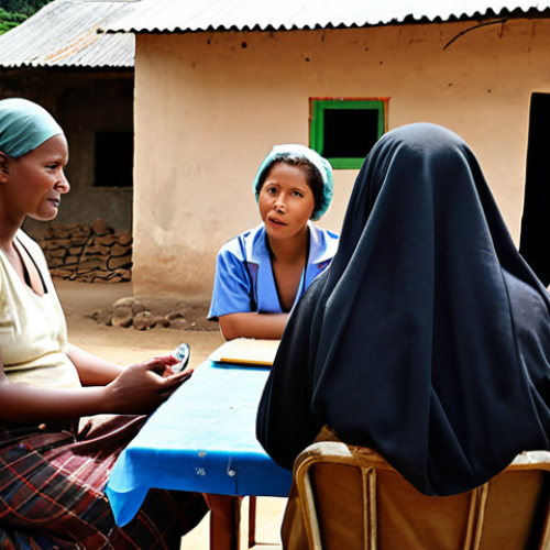 Home 22 A diverse group of people in a rural village, engaged in a focus group discussion with health workers. The scene captures the collection of qualitative data, focusing on local experiences and needs related to healthcare.