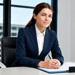A professional businesswoman in a modest business suit, sitting at a desk in a modern office, fully clothed, appropriate attire, safe for work, perfect anatomy, natural proportions, professional photography, high quality.