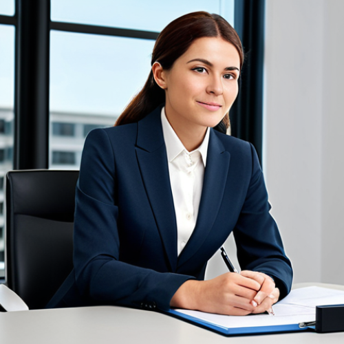Home 21 A professional businesswoman in a modest business suit, sitting at a desk in a modern office, fully clothed, appropriate attire, safe for work, perfect anatomy, natural proportions, professional photography, high quality.