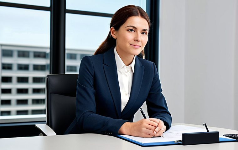 A professional businesswoman in a modest business suit, sitting at a desk in a modern office, fully clothed, appropriate attire, safe for work, perfect anatomy, natural proportions, professional photography, high quality.