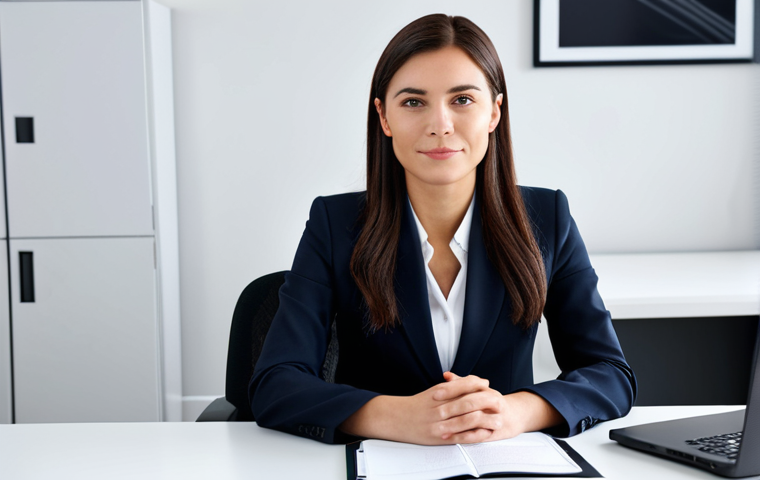 ** A professional businesswoman in a modest business suit, sitting at a desk in a modern office, fully clothed, appropriate attire, safe for work, perfect anatomy, natural proportions, professional photography, high quality.
**