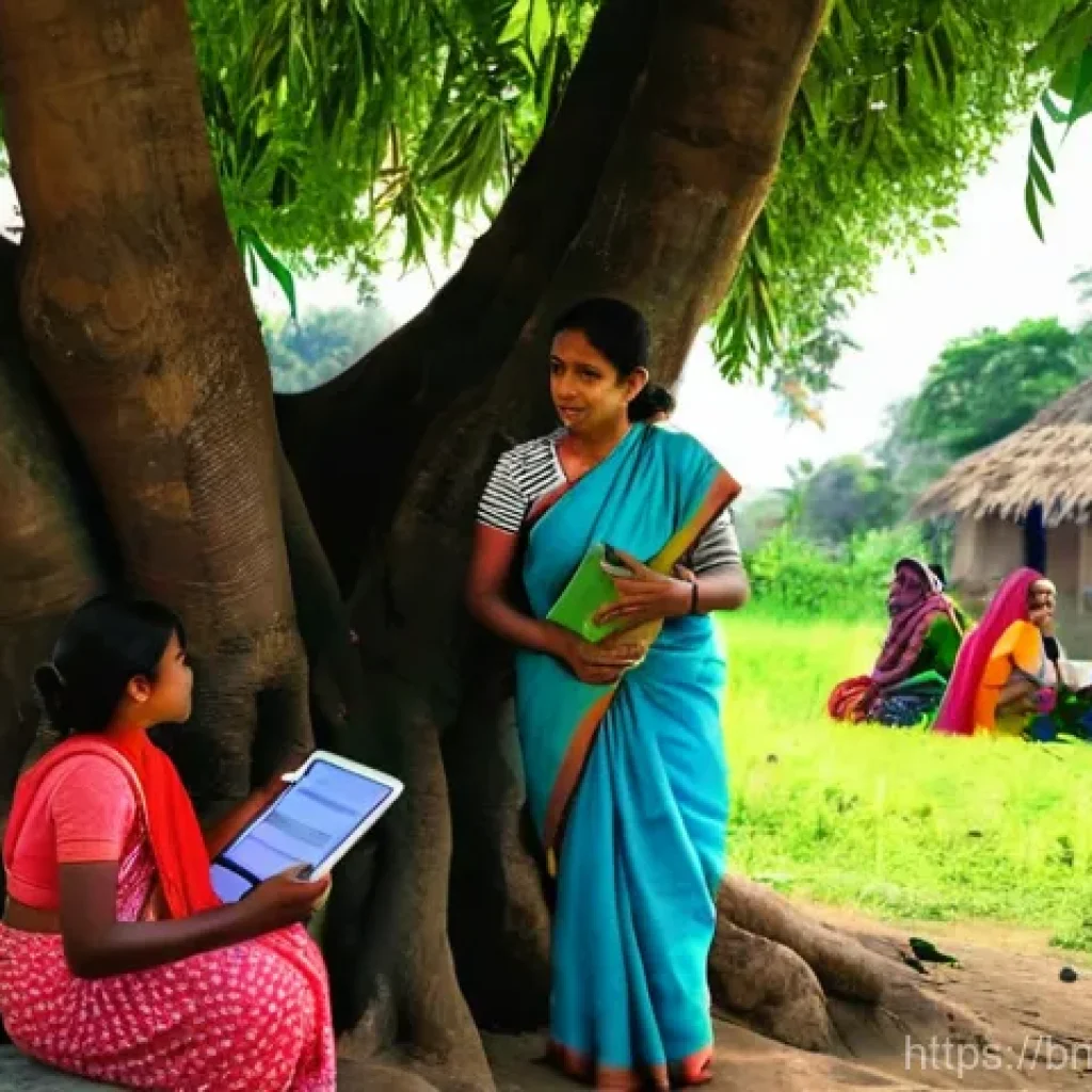 소셜 임팩트 측정의 사례 기반 교육 - A vibrant and bustling rural village scene in Bengal. A female social worker, dressed in a modest sa...