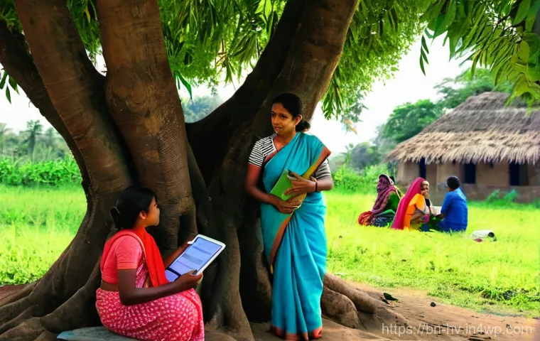 소셜 임팩트 측정의 사례 기반 교육 - A vibrant and bustling rural village scene in Bengal. A female social worker, dressed in a modest sa...