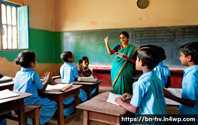 소셜 임팩트 측정의 데이터베이스 구축 - **A heartwarming scene depicting a social worker teaching a group of primary school children in a vi...