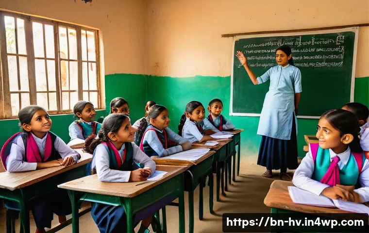 소셜 임팩트 측정의 사례 연구와 교훈 - A vibrant rural classroom scene in Bangladesh featuring a diverse group of schoolchildren wearing ne...
