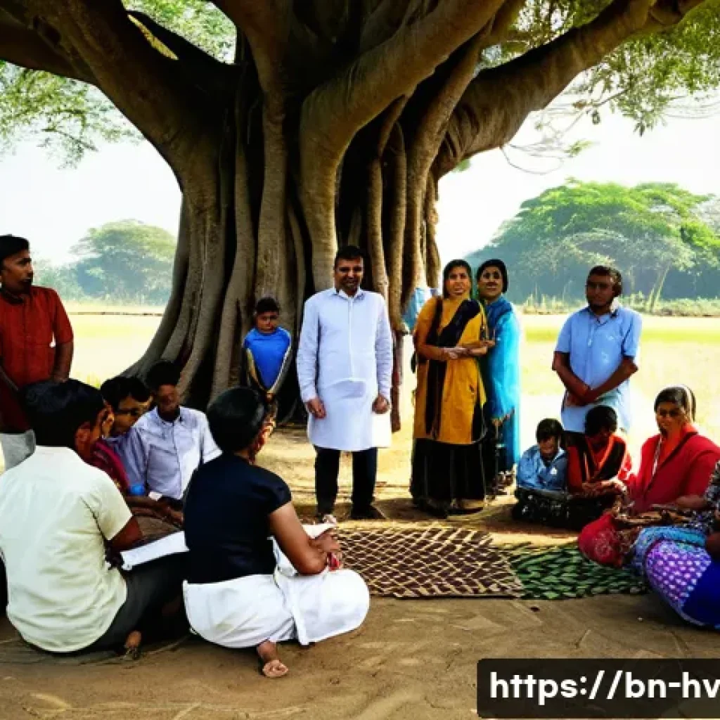 소셜 임팩트 측정의 비전과 미션 - A detailed scene showing a diverse group of Bengali community members, including women, men, and chi...