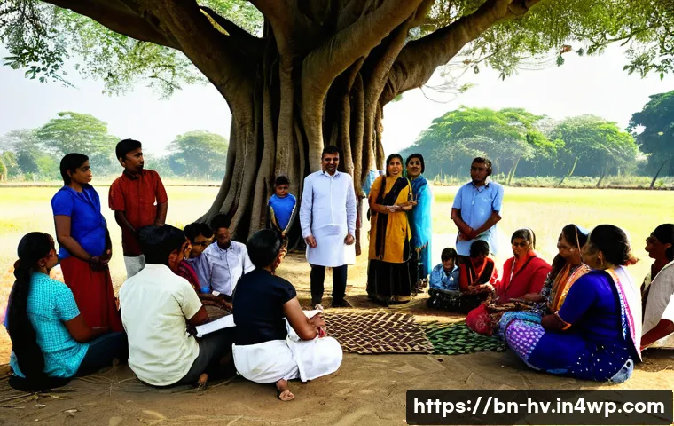 소셜 임팩트 측정의 비전과 미션 - A detailed scene showing a diverse group of Bengali community members, including women, men, and chi...