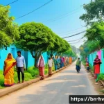 소셜 임팩트 측정에서의 개인적 기여 - A vibrant community scene in a Bengali neighborhood showing diverse people planting trees along a st...