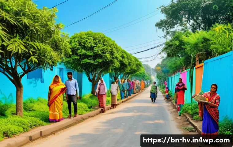 소셜 임팩트 측정에서의 개인적 기여 - A vibrant community scene in a Bengali neighborhood showing diverse people planting trees along a st...