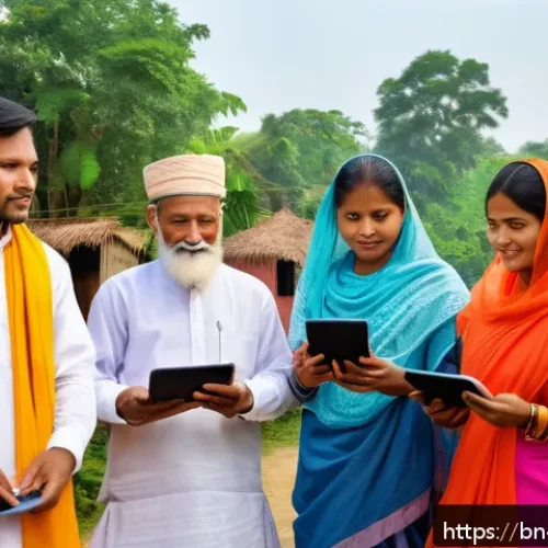소셜 임팩트 평가를 위한 이론적 접근 - A vibrant rural community meeting scene in Bangladesh featuring diverse men and women in traditional...