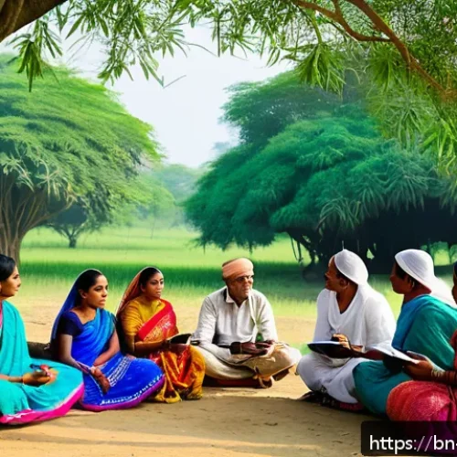소셜 임팩트 측정에 대한 피드백 시스템 - A detailed scene showing a rural Bengali community meeting outdoors under a large banyan tree, with ...