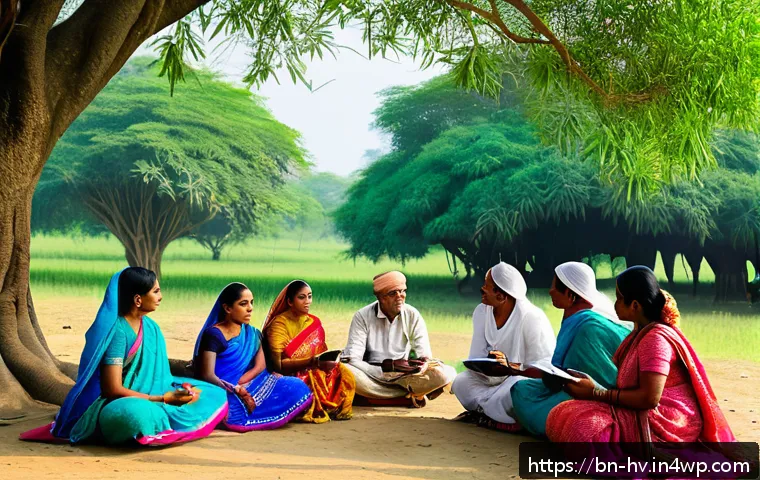 소셜 임팩트 측정에 대한 피드백 시스템 - A detailed scene showing a rural Bengali community meeting outdoors under a large banyan tree, with ...